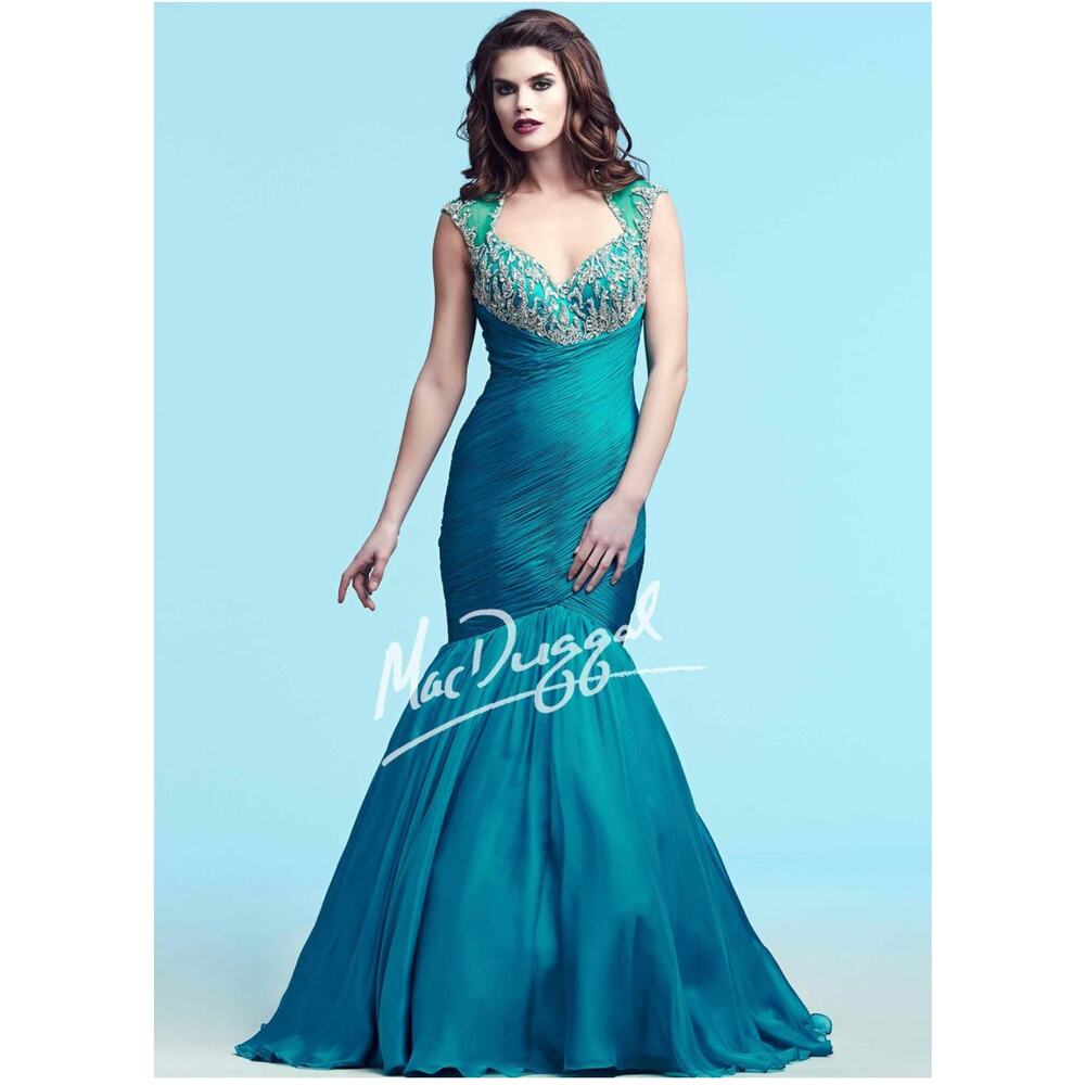 Mac Duggal Silk Teal Beaded Embellished Tulle Gown 64726 Size 4 NEW - Picture 12 of 13